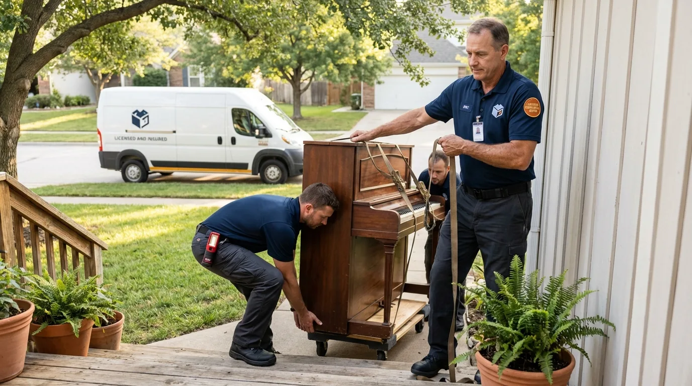 Licensed piano movers securing grand piano in Wellford, SC