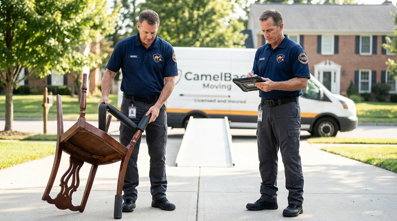 Movers inspecting furniture for damage prevention before loading in Wellford, SC
