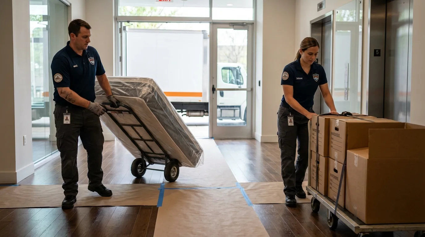 Professional apartment movers loading elevator in Wellford, SC